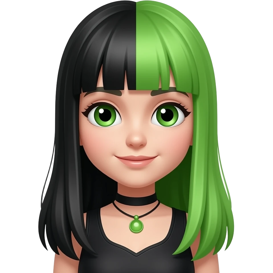 Mirabelle, a witch girl with black and green split straight long hair emoji