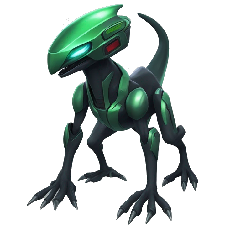 a shiny black-green Genesect-Raptor-Fakémon—hybrid with a futuristic visor-helmet full body emoji