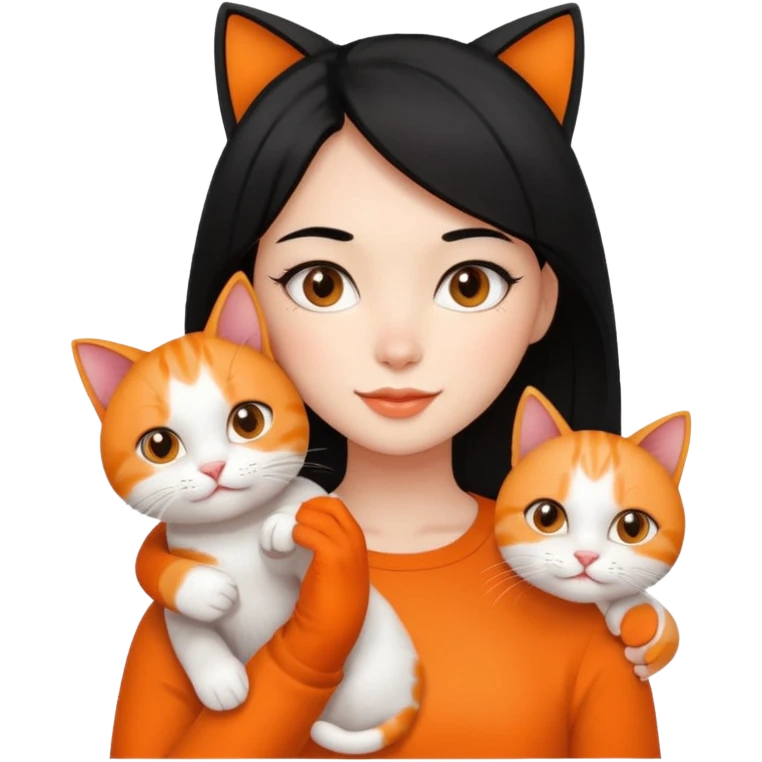 a black hair girl holding her orange/white cat for a selfie. emoji