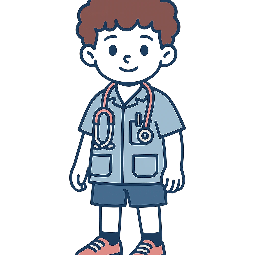 cute 2D boy doctor character, 8–10 years, soft features, curly brown hair, expressive brown eyes, light blue pediatrician shirt with front pockets (pen and tongue depressor), pink and silver stethoscope, blue shorts, red canvas sneakers, black socks, soft light, vibrant, warm, friendly, suitable for hospital simulation game emoji