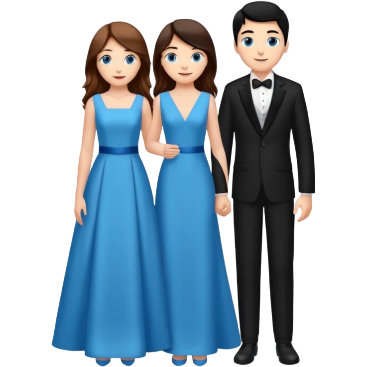 full-length happy couple, girl with long chestnut hair and blue eyes in formal gown, boy with black hair in suit emoji