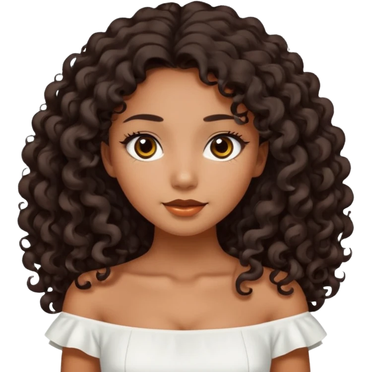 Dark tanned skin girl with very dark brown very big long curly hair, very dark Asian eyes, white dress at boatneck neckline   emoji