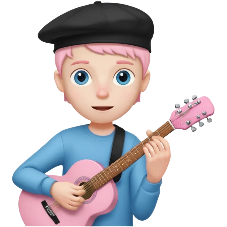 Pale man with light freckles and blue eyes wearing black cap playing a shell pink guitar emoji