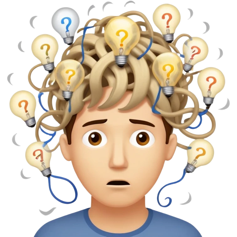 Person with a chaotic mind, swirling tornado of tangled thoughts around their head, containing question marks, light bulbs, and scribbles. The person has a bewildered, overwhelmed expression. emoji