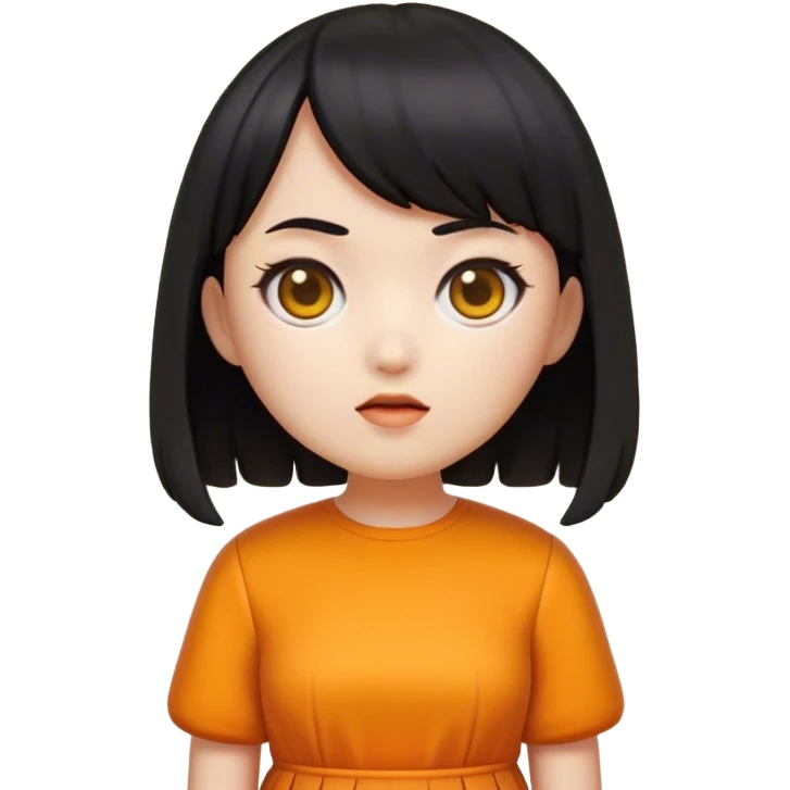 A detailed emoji-style illustration of the Squid Game doll, designed in the aesthetic of iPhone emojis. The doll has a round face, short black hair with bangs, and wears an orange dress with a yellow shirt underneath. Her expression is neutral but slightly eerie. The style is clean, simple, and polished, resembling Apple’s emoji set with smooth gradients and minimal shading. The background is plain or slightly blurred to keep the focus on the character.” emoji