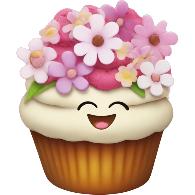 Happy cupcake with face on the icing and flowers on top  emoji