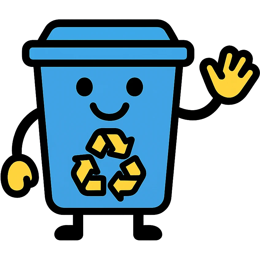 blue recycling bin with a big smile, waving hand emoji