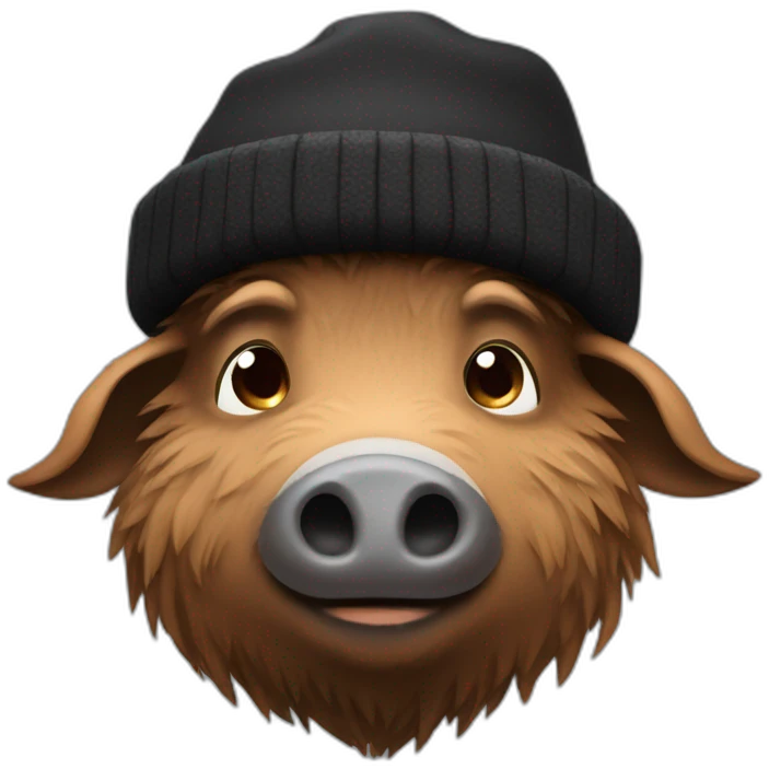 Sad brown stubble boar in a black winter hat emoji