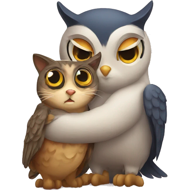 Owl hugging a cat emoji