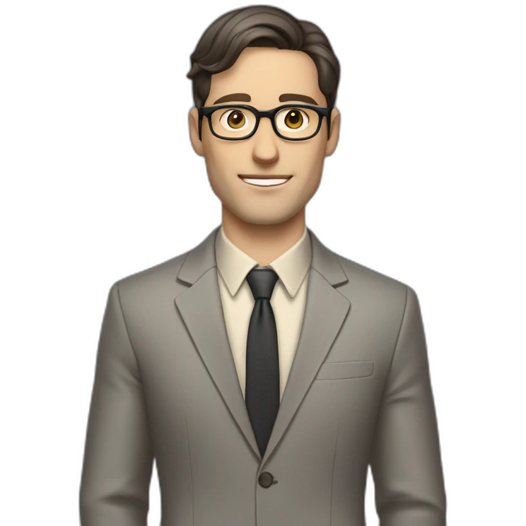 Full height Pale skinned Fit Man With dark brown hair in classic gray suit, beige office shirt, dark gray tie, and vintage glasses. Thrumbs of his palms directed up emoji