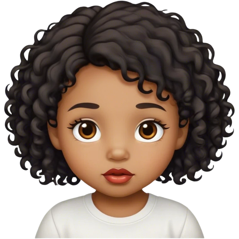 medium brown skin tone, very adorable toddler, with big plump lips, long long lashes, black curly long hair, brown eyes, white shirt emoji