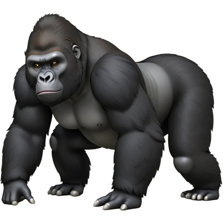 cinematic-friendly gorilla-realistic-full-body-crouched on all fours-emoji,-broad-and-powerful-frame-poised-with-confidence,-massive-arms-hanging-slightly-forward,-head-tilted-thoughtfully,-thick-black-fur,-deep-dark-eyes-full-of-intelligence,-simplified-yet-realistic emoji