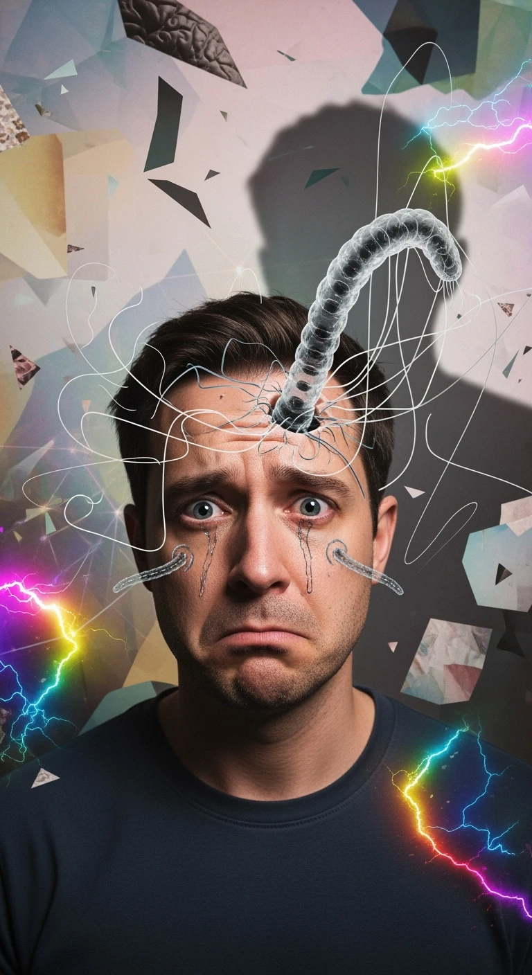Uomo con espressione confusa e sbalzi emotivi visibili sul volto, in un ambiente surreale. Un'ombra astratta o un parassita trasparente (Toxoplasma gondii) si insinua nel cervello, con linee energetiche che influenzano le emozioni. emoji