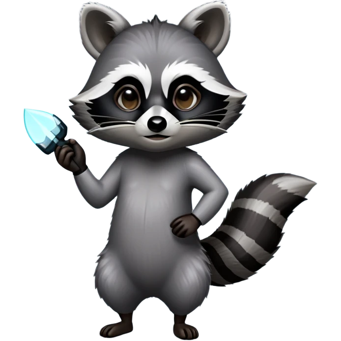 Cinematic-Raccoon-Realistic-Full-Body-Standing-Emoji – Tail flicking lazily, head tilted dramatically, thick grey fur with a signature black mask, sharp and alert ears, simplified yet realistic focused features, highly detailed, glowing with an almost sarcastic glow. emoji