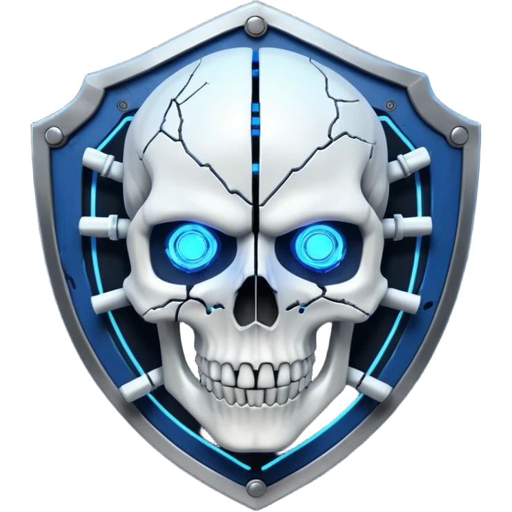 Cyberpunk shield, skull with cybernetic implants, glowing wires, dark electric blue and white tones, no background emoji