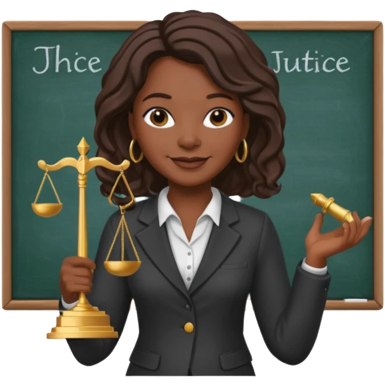 Black teacher/professor looking like the fictional character Annalise Keating from How To Get Away With Murder, holding a statue of justice and with a school black board in the background emoji