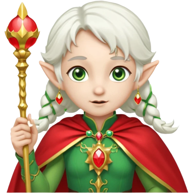 an elf with very white hair and two  pigtails on the side of her head, she has a curtain bang, green eyes, she has a white cape with golden borders and a scepter with a red orb, she has earrings that look like red drops emoji