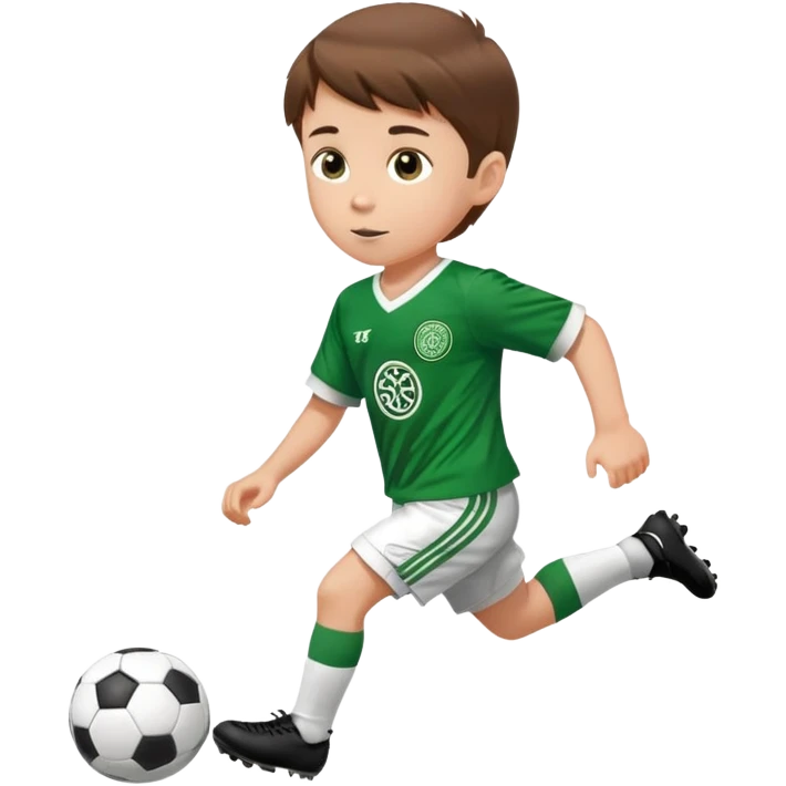 Celtic footballer jersey logo  6 years old brown hair white boy , brown eyes , stripes uniform , RUNNING  with soccer ball # 17 celtic football logo PUT ONLY ONE LOGO ONE CELTIC LOGO ONLY white shorts emoji