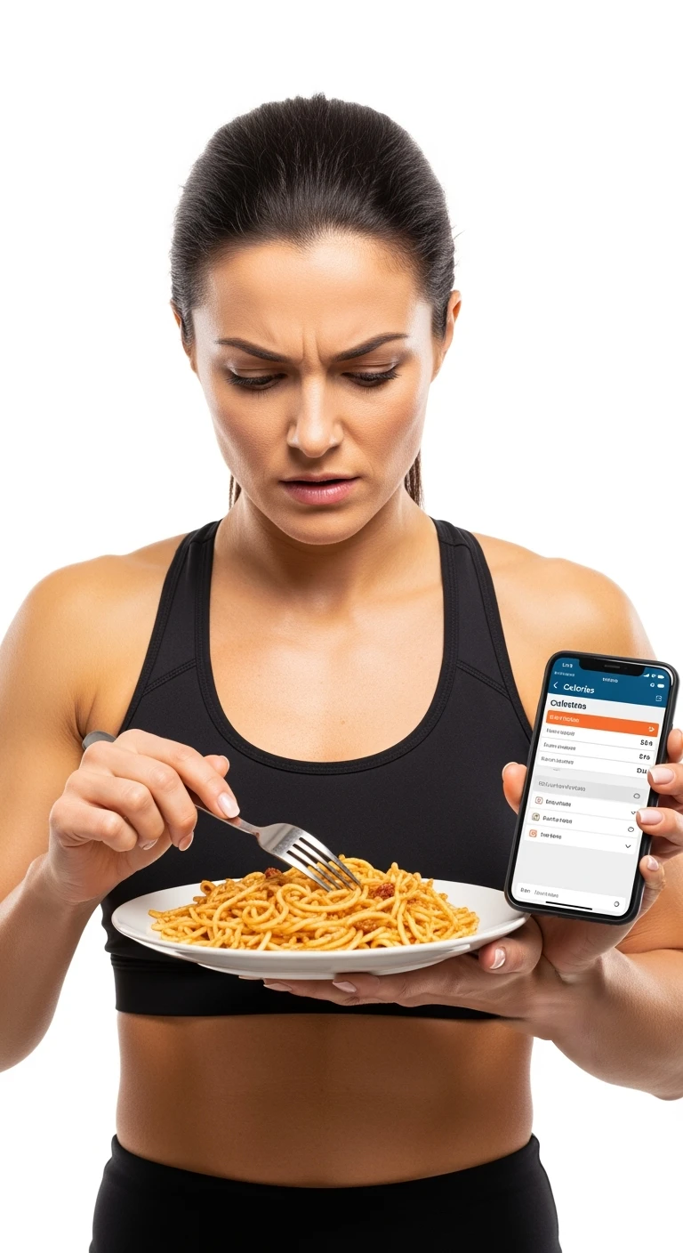 donna fitness che calcola ossessivamente le calorie di quello che sta mangiando: in mano ha un piatto di pasta e nell'altra mano ha lo smartphone per segnare tutti gli alimenti, sfondo bianco emoji