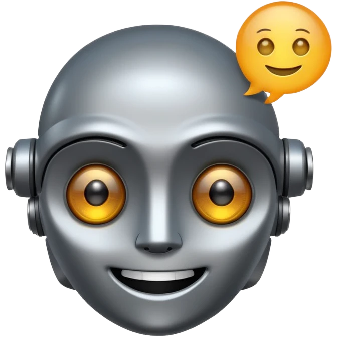 smiling robot head with glowing eyes and a speech bubble, emoji style emoji