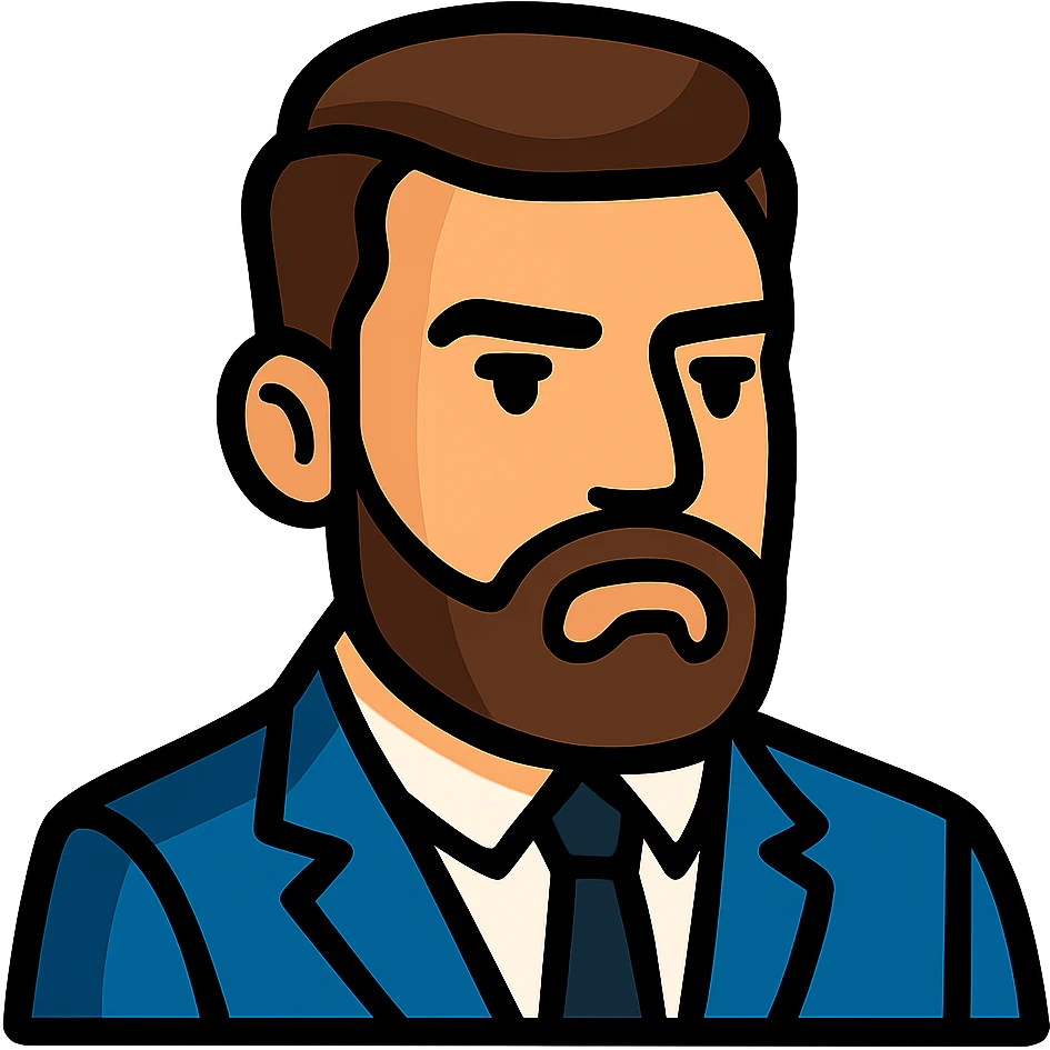 Create a simplified, vector-style Twitch emoji version of the person in the photo. Focus on the face and upper torso, dressed in a suit, with a serious and charismatic expression. Background should be transparent and the style should be clean and minimalistic, suitable for Twitch emoji use. emoji