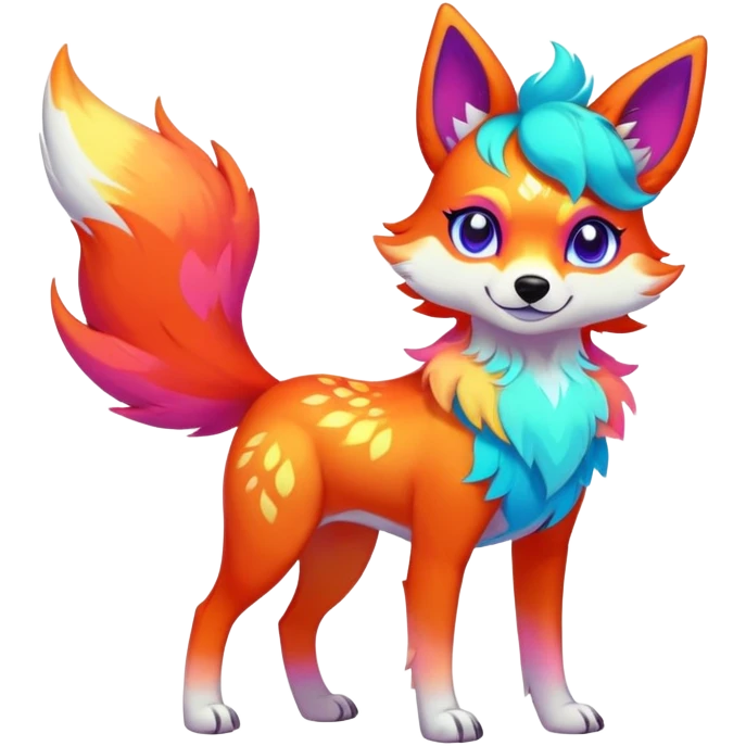 Vibrant multicolored neon-colored Falvie-Fionbri-creature-sparkle-dog-fursona, full body emoji