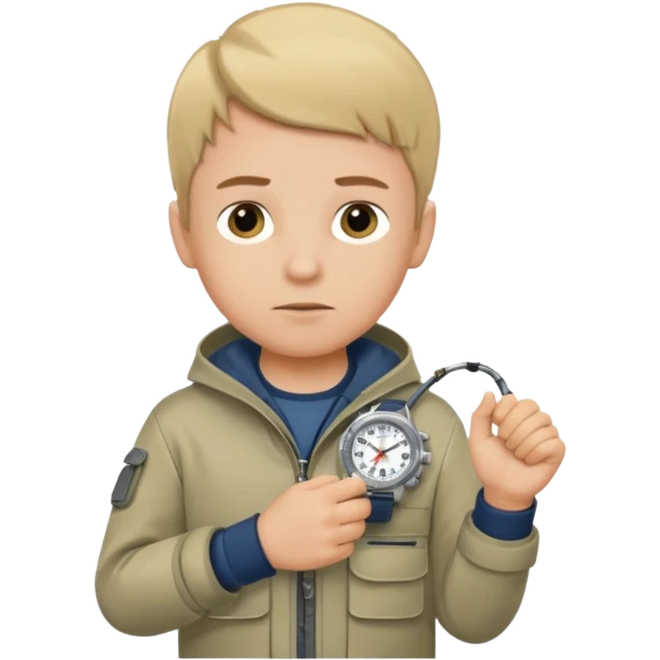 Boy in fishing suit looking at his wristwatch emoji