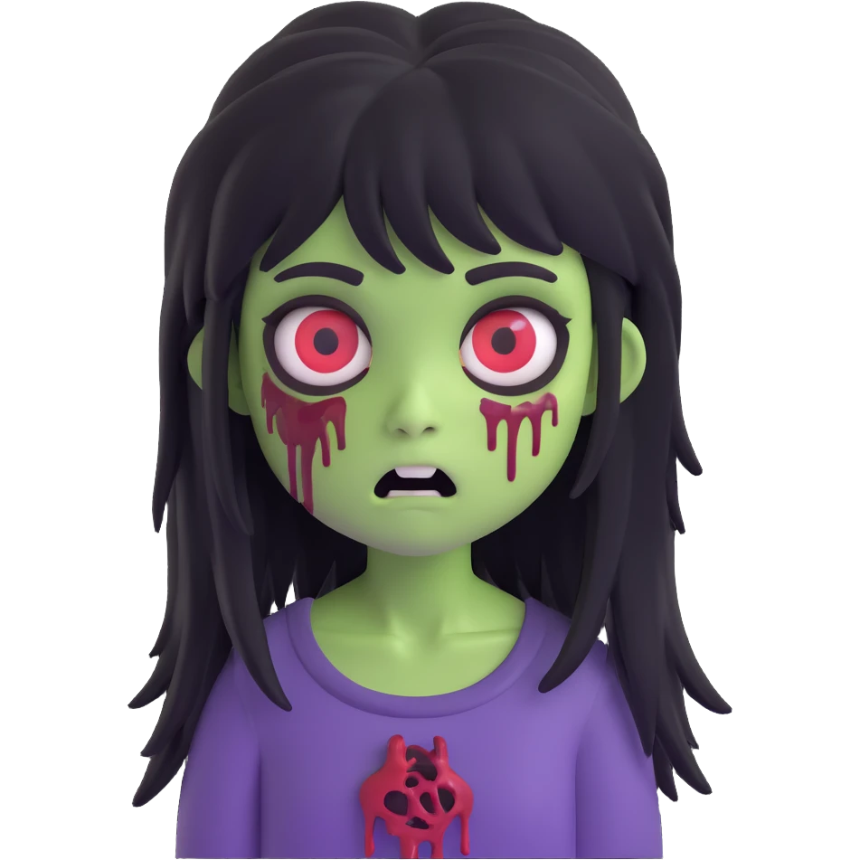 memoji style girl zombie with long black shaggy emo hair, dark and spooky, creepy expression emoji