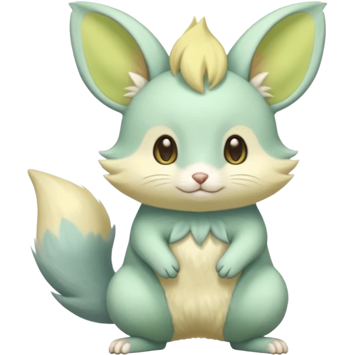 Pastel green pastel lime color golden yellow beige, soft natural realistic divine beautiful elegant pretty precious cute young youthful  Fakémon-Pokémon-opossum-feline-mouse-serval-caracal-chinchilla-Minccino-Cinccino-Meowstic-rodent-hybrid-creature with a big fluffy bushy tail (full body) emoji