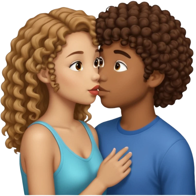 light skin girl straight hair kissing boy with brown curly hair brown skin emoji