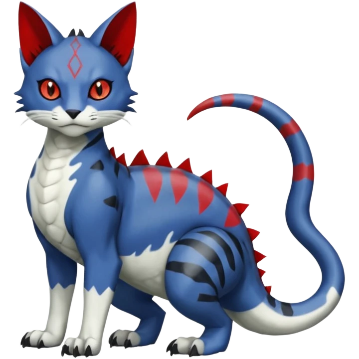 Dark-greyish-blue-grey-black, with red markings, white belly, scaley Bastet-Noibat-Gatomon-Digimon-Fakémon-Pokémon-creature (full body) emoji
