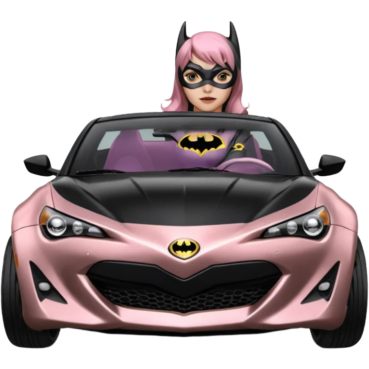 Relaxed adult 60’s Batgirl’s full reality crime fighting themed Satin black and rose gold painted Scion FR-S pursuit vehicle hot rod off road capable  emoji
