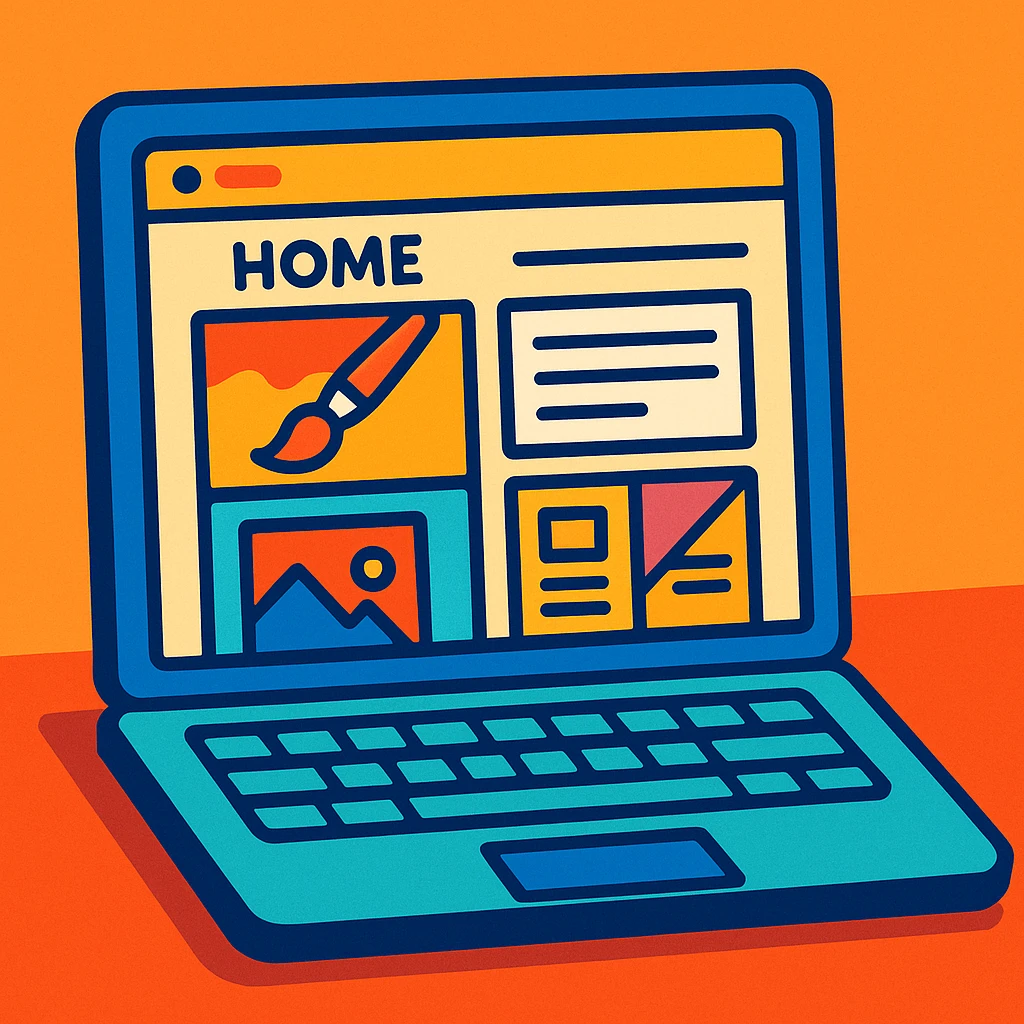 a laptop with a vibrant display showing a collage of creative work including art, writing, photos, and design elements, representing a personal website homepage, clean modern illustration style emoji