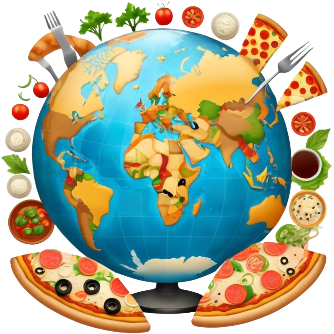 Icon for Gastronomic Tourism: a globe with various cuisines from around the world, such as pizza, sushi, tacos, and pasta, surrounded by food-related travel elements like a fork, knife, and map. Transparent background. emoji
