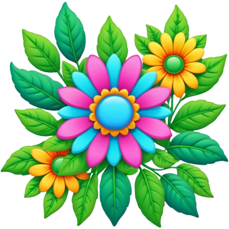 3D, psychedelic colored hippie style flower border with leaves emoji