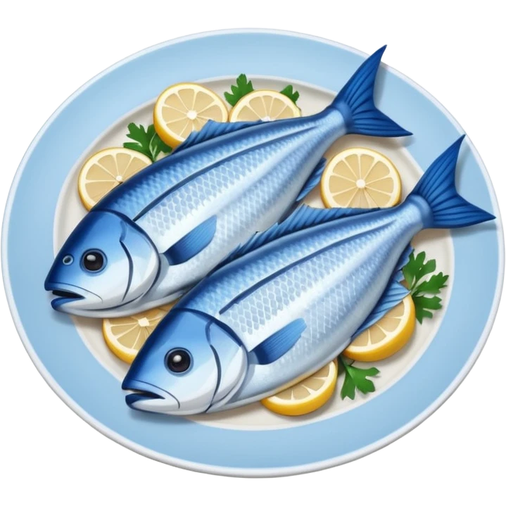 Fish dishes avatar in bright emoji-style illustration. Grilled fish, fillets, and seafood, blue and silver tones, simple shapes, flat design, fresh and flavorful. emoji