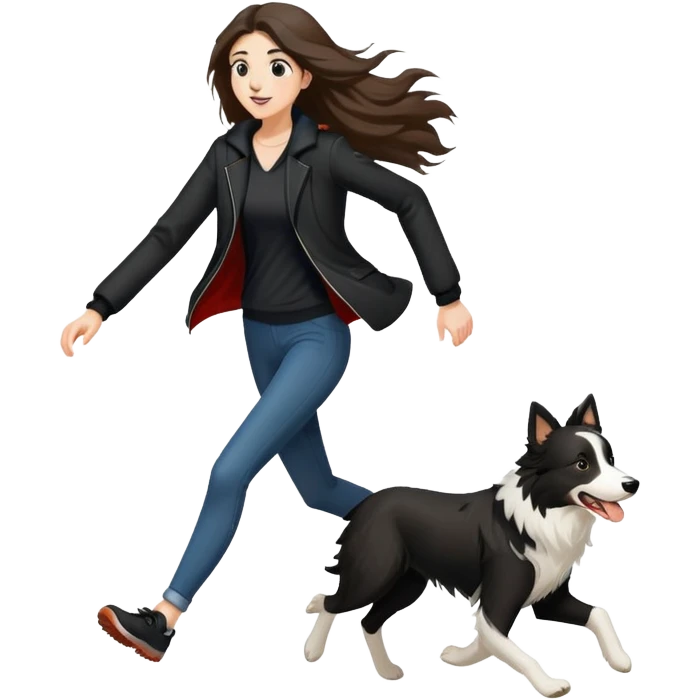 A beautiful tall girl with fair skin and long hair wearing a black jacket running with a Border Collie emoji