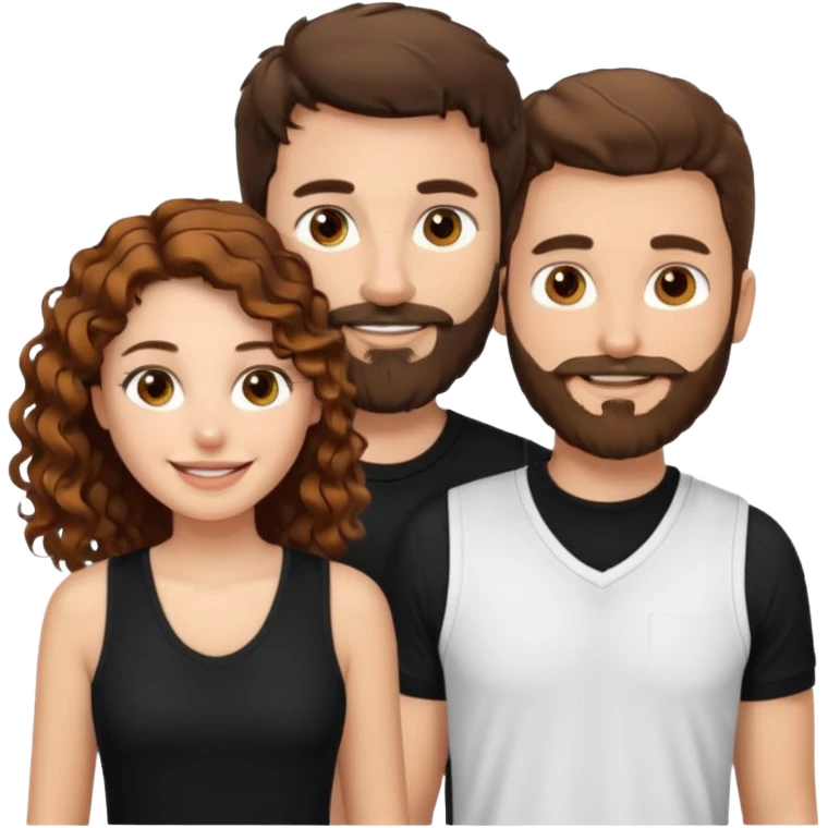 Criar Casal - Homem branco de cabelo liso e olhos marrom, com barba, usando camisa polo preta e mulher de pele branca cabelo cacheado marrom longo e olhos mel, usando uma regata branca, quero ela sorrindo emoji