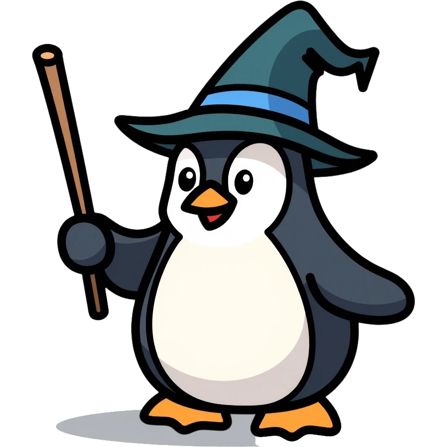 penguin wizard with magic wand and wizard hat emoji
