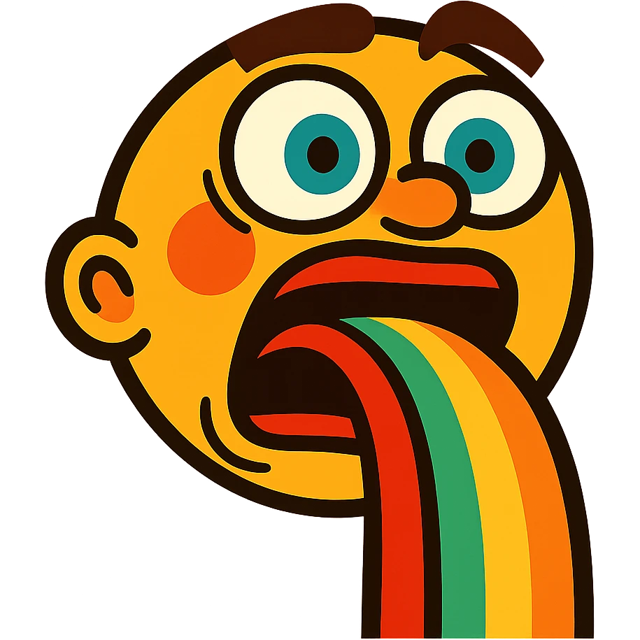 a cartoon face throwing up a rainbow, exaggerated expression emoji