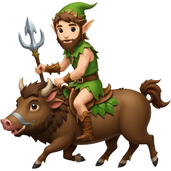 tiny forest elf man long brown hair beard riding boar emoji
