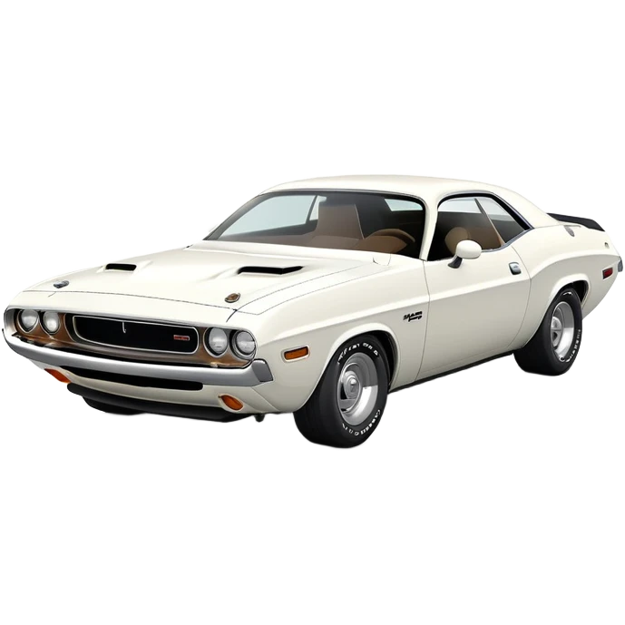 All-white 1971 Dodge Challenger, three-quarter view at 30-degree angle, showing partial front and side, minimalist iOS emoji style, no stripes or decorations, pure white emoji
