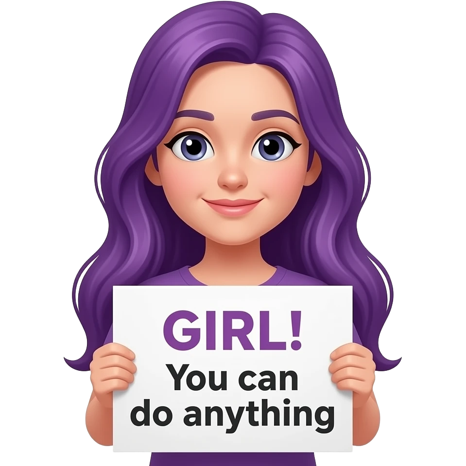 girl with long purple hair holding a GIRL! You can do anything sign emoji