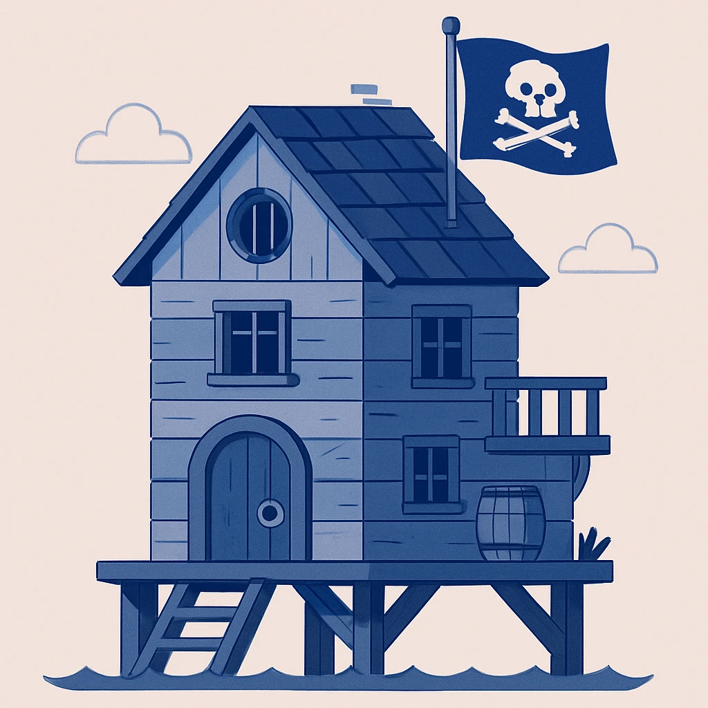 old pirate's house with skull flag emoji