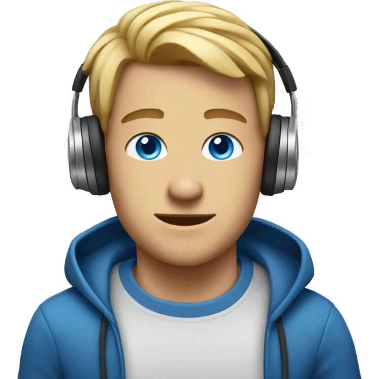 Man with blue eyes Listening to music on headphones. emoji