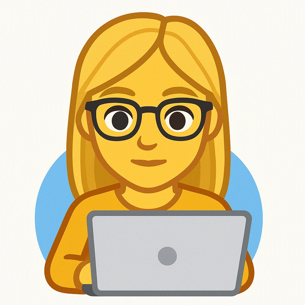 blonde writer woman wearing glasses working on a laptop, twitter style emoji emoji