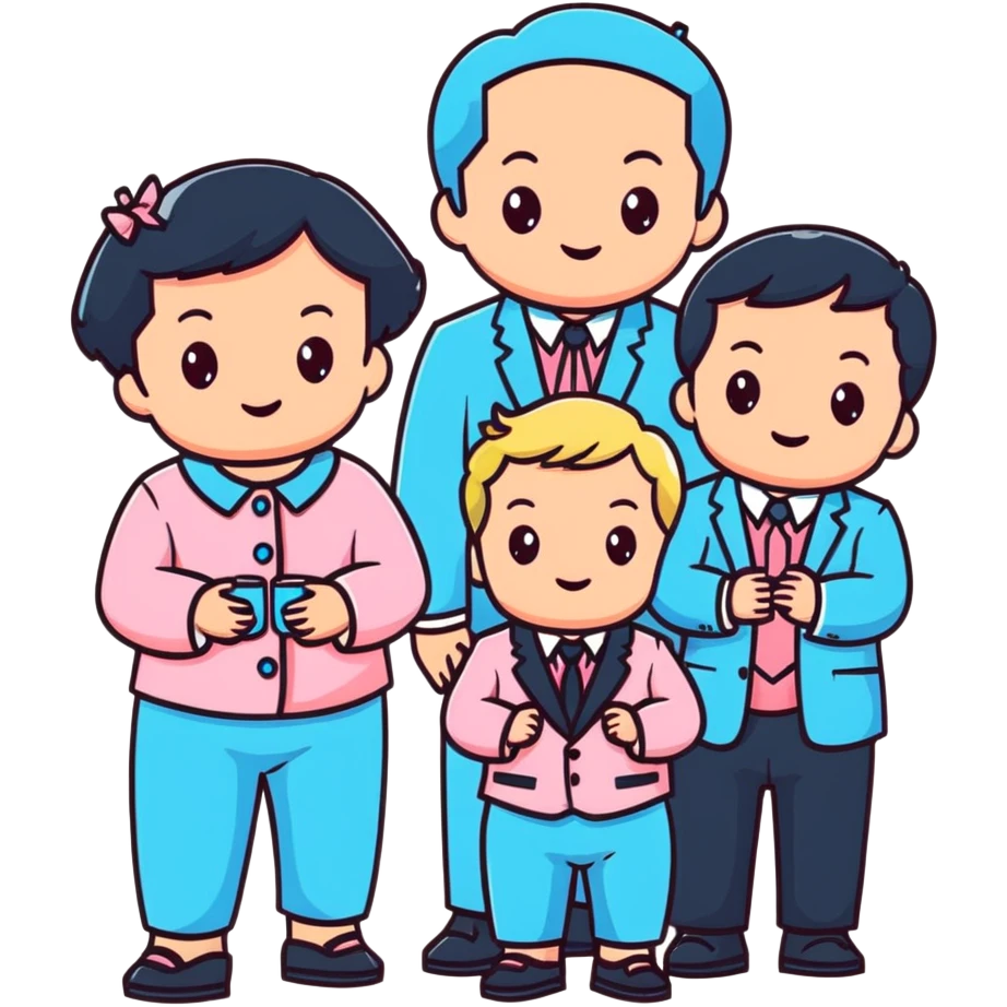 triplet toddlers with two girls in pastel pink clothes on each side and a boy in pastel blue suit in the middle emoji