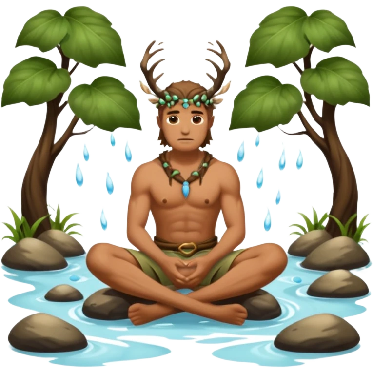 full body tan skin druid man sitting in stream, back muscles wet, moth swarm emoji