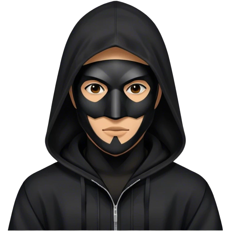 man with black hooded jacket and a full-black full-face geometric mask emoji