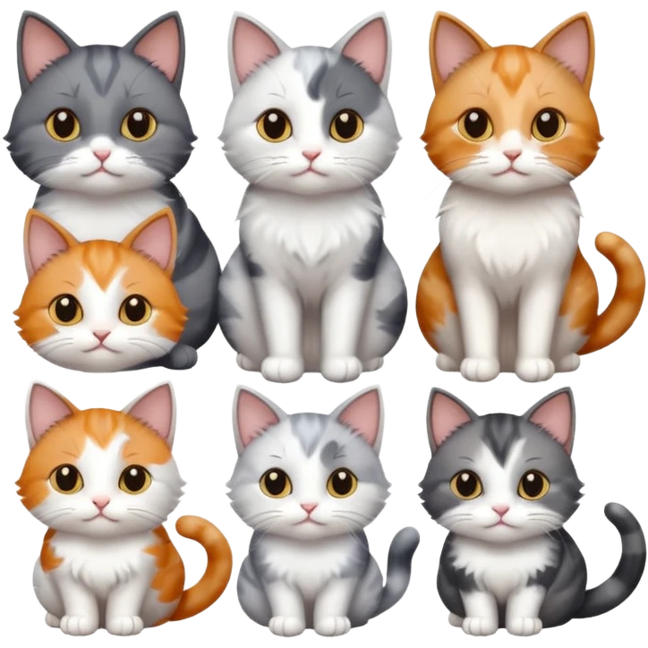 6 realistic looking cats with different natural coloured coats, assorted grey and white, greys, calico, brown and white colours etc
 emoji